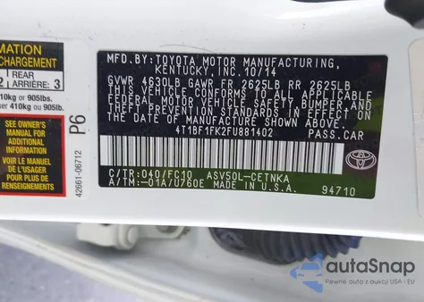 2015 Toyota Camry Le из США, поврежденный, VIN 4T1BF1FK2FU881402